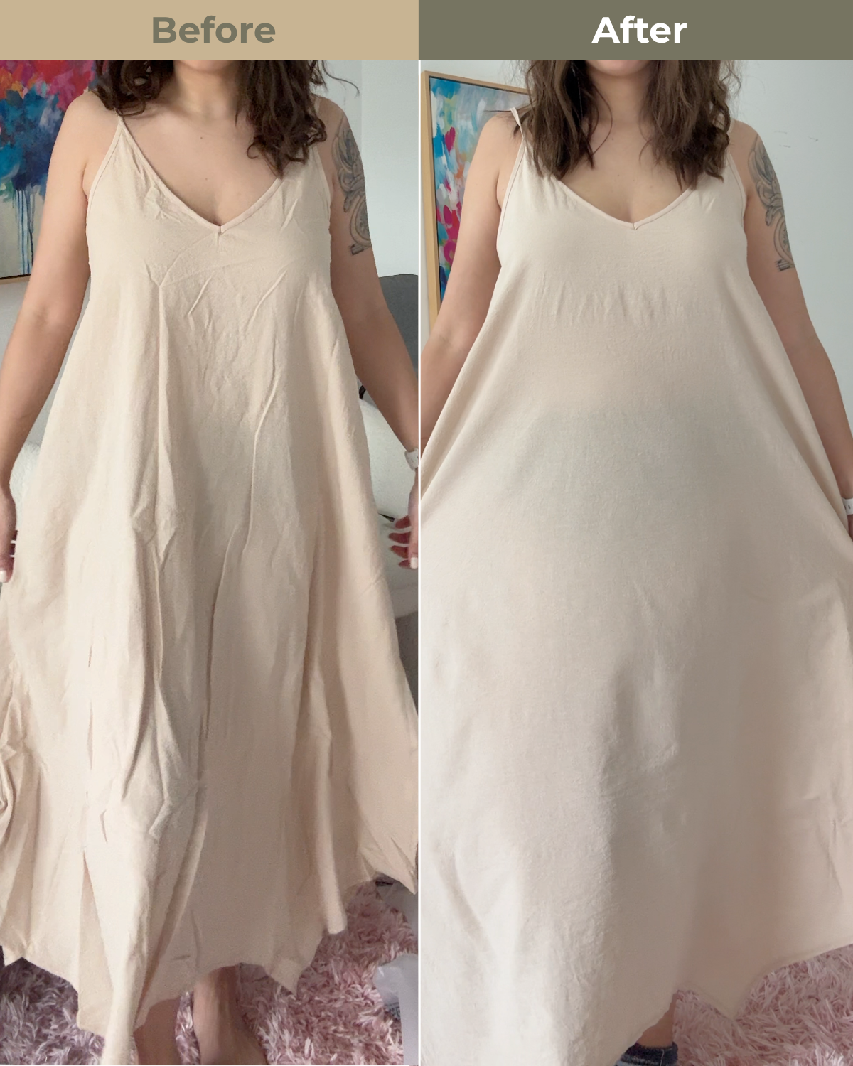 Before and after comparison of a person wearing a beige dress. Before shows wrinkles, after is smooth without wrinkles.