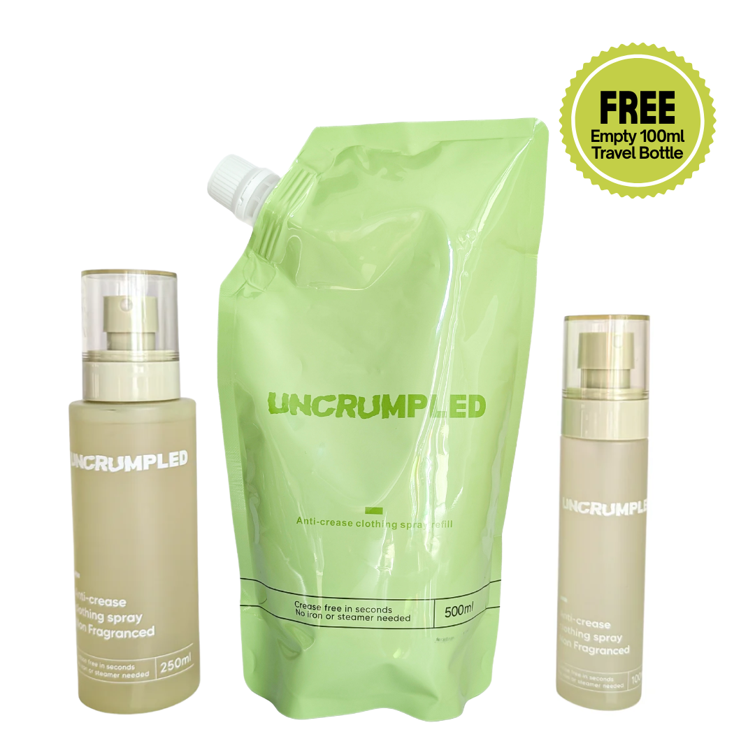 [Starter Kit] Anti-Crease Clothing Spray + Refill pack + Free 100ml Travel bottle (empty)