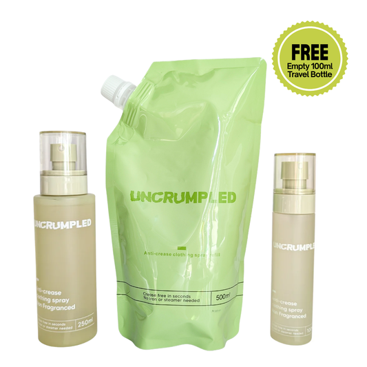[Starter Kit] Anti-Crease Clothing Spray + Refill pack + Free 100ml Travel bottle (empty)
