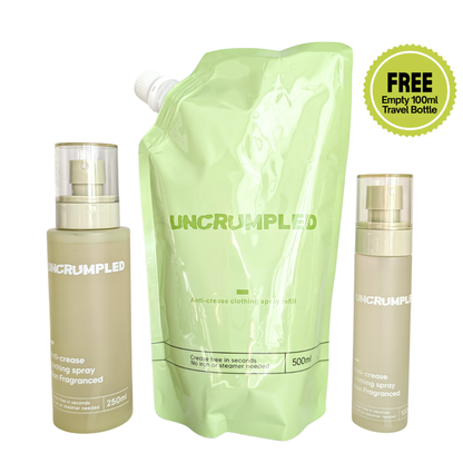 [Starter Kit] Anti-Crease Clothing Spray + Refill pack + Free 100ml Travel bottle (empty)